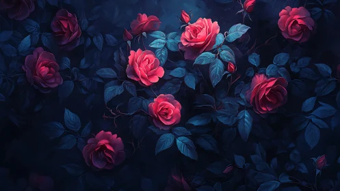 Luminous Roses in Twilight: Digital Botanical Study with Neon Accents.