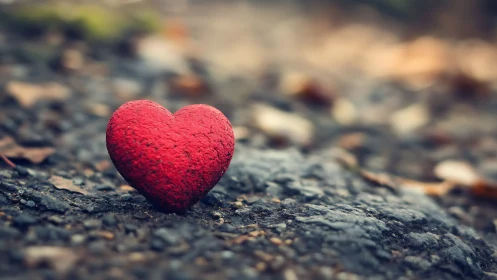 A Bright Red Heart Rests on Weathered Stone Ground