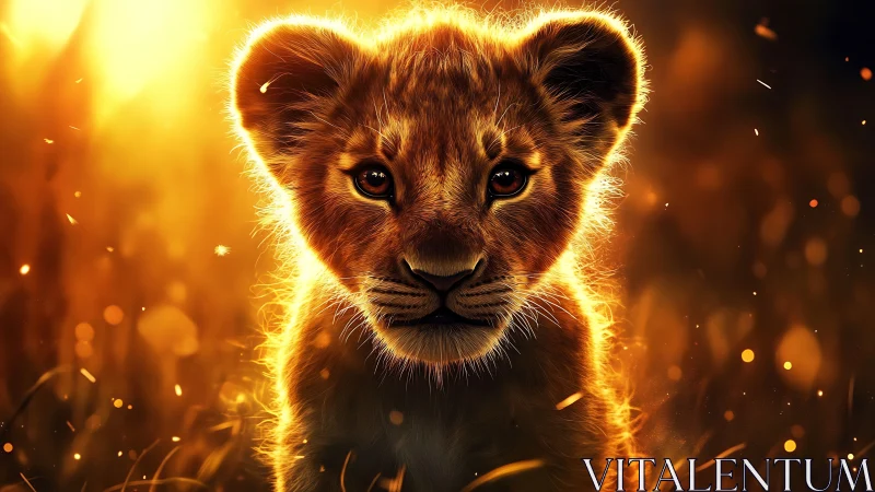 Sunlit lion cub portrait in glowing savanna haze.