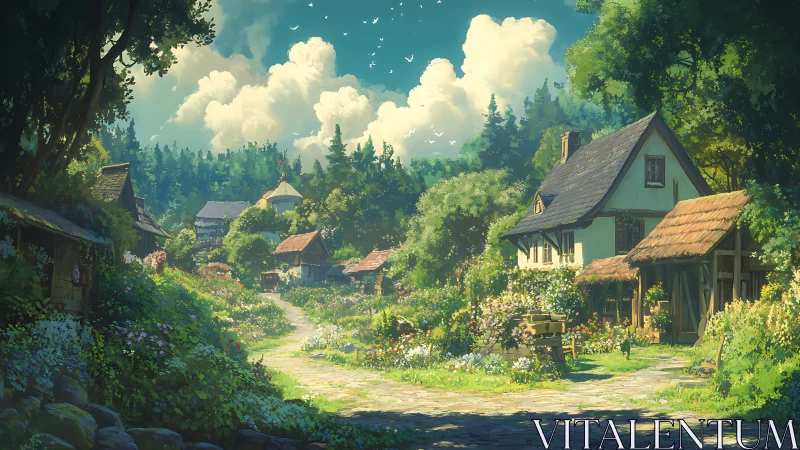 Sunny village path lined with cottages and wildflowers.