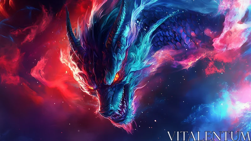 Celestial dragon head emerges through neon cosmic nebula