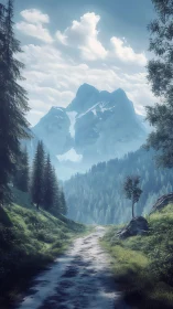 Mountain valley path leads toward misty snow-capped peaks