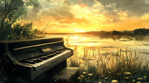 Weathered lakeside piano catches golden sunset reflections