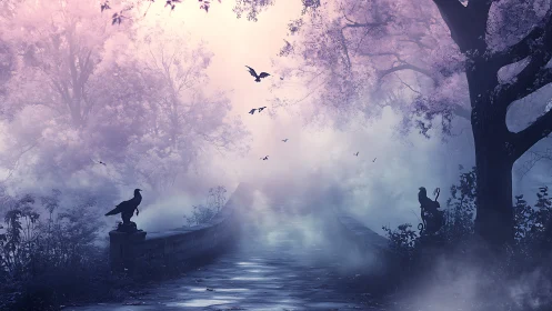 Dreamy misty bridge under soft purple morning light.