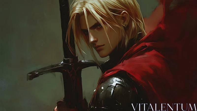 Brooding blonde knight holding a greatsword in red cloak.