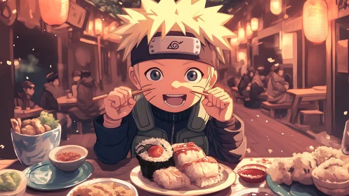 Joyful anime boy savors sushi at a cozy lantern lit street