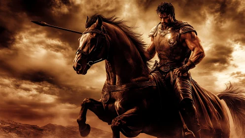 Armored rider on rearing horse under dense sepia clouds