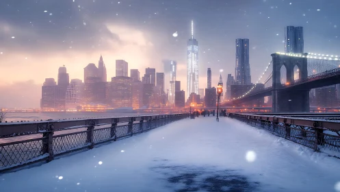 Snow-laden Brooklyn Bridge axis toward luminous winter skyline.
