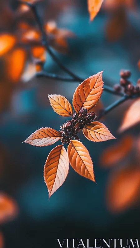 Copper leaves glow against deep teal autumn bokeh background.
