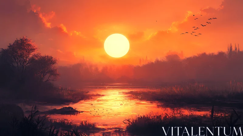 Sunset illuminates a calm river and distant tree line