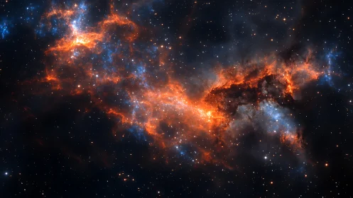 Fiery star-forming nebula stretches across deep black space.
