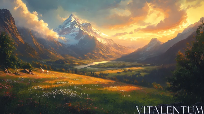 Sunlit alpine valley with glowing snowcapped peaks at dusk.