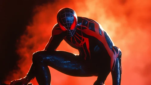 Spider suited figure crouches in front of intense red smoke