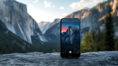 Smartphone frames mountain vista with vivid sunset sky.