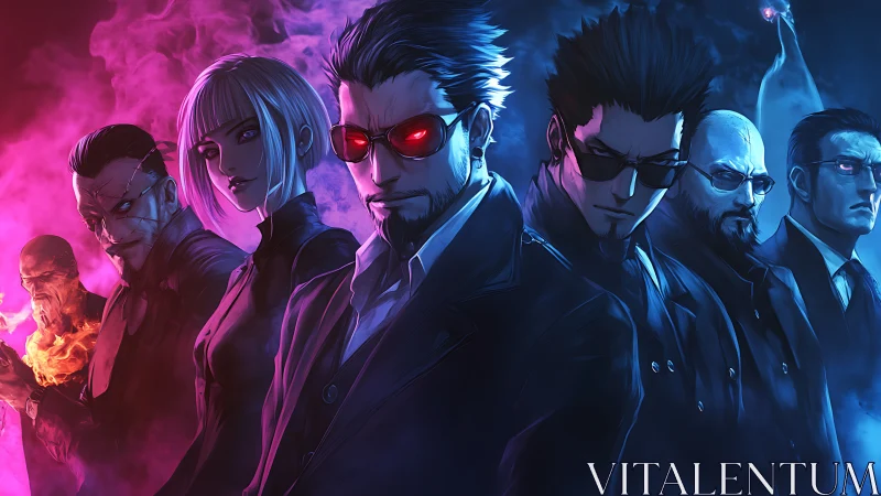 Seven anime agents stand in neon red and blue split lighting