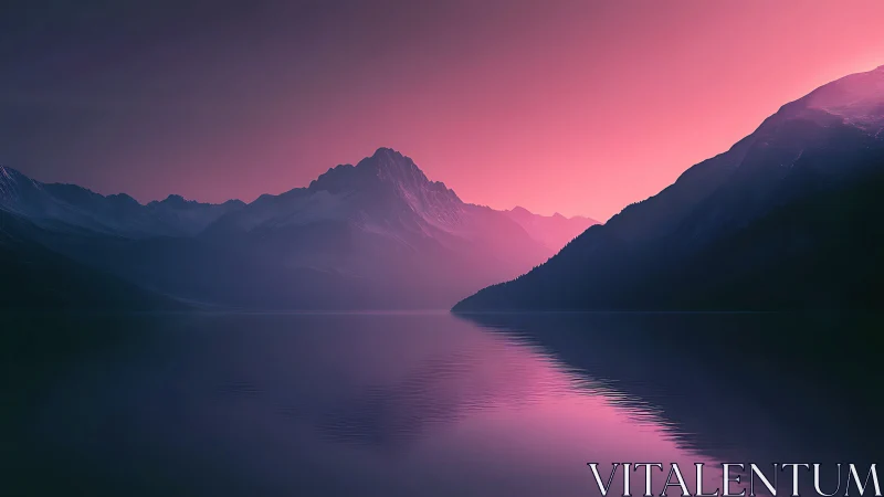 Iridescent alpine peaks mirrored in magenta twilight lake.