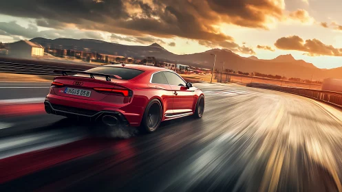 Red performance coupe accelerates along sunlit racetrack curve