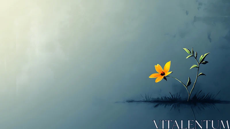 Yellow Flower Growing Against Atmospheric Blue Gradient.