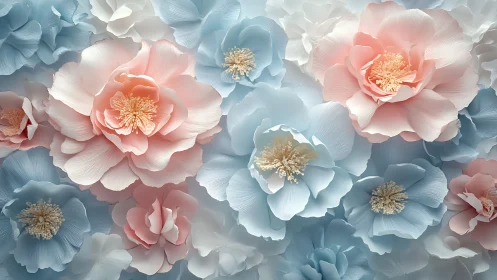 Densely Arranged Peony and Camellia Blooms with Luminous Golden Stamens