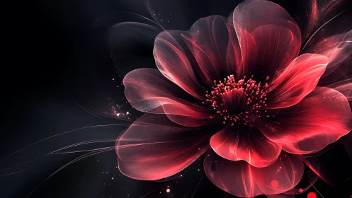 Luminous red digital flower blooms over deep black void.