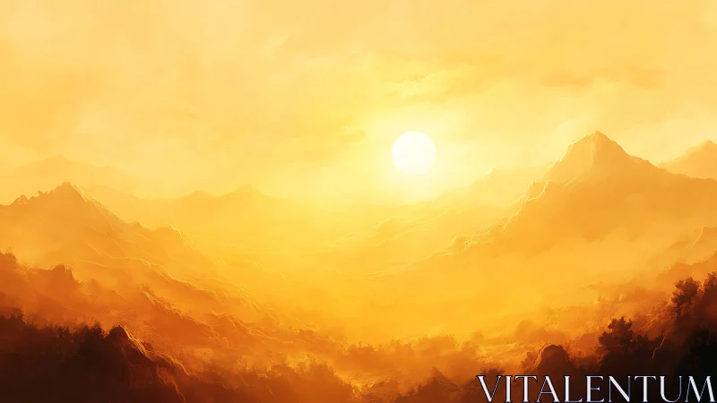 Sunlit mountain range in dense warm atmospheric haze.