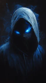 Hooded shadow entity with glowing blue eyes in darkness.
