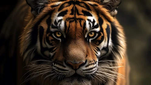 Tiger face captured in sharp frontal close up portrait view