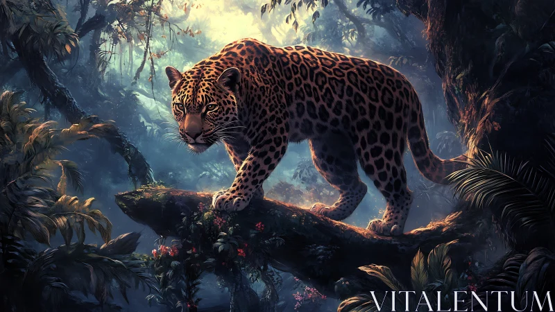 Jungle Leopard on Moss-Covered Branch: Dramatic Lighting Study.