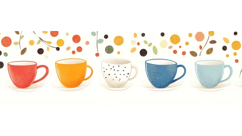 Colorful teacups line up gently under playful floating dots