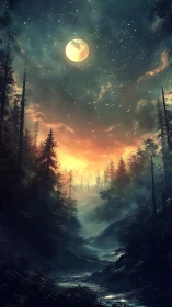 Full Moon Ascending Over Misty Forest Valley at Twilight