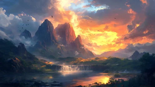 Skyfire sunrise over mystic cliffs and silver veil falls.