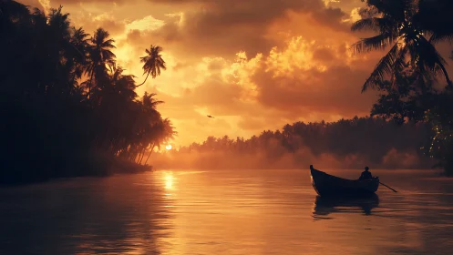 Small boat on tropical river under dense orange sunset sky.