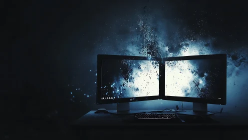 Dual monitors dissolving into cosmic blue digital nebula.
