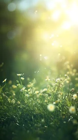 Sunlit wildflowers basking in glowing morning haze.