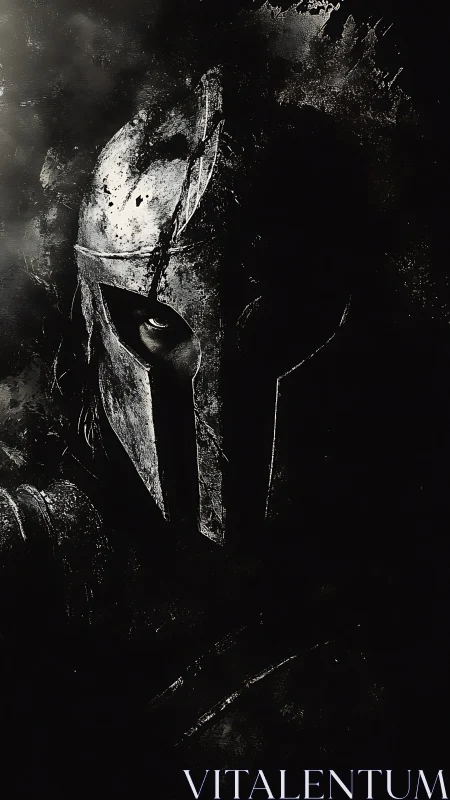 Steel helm in shadowed profile with piercing warrior gaze.