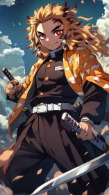 Skyward swordsman grins while twin blades taste the wind