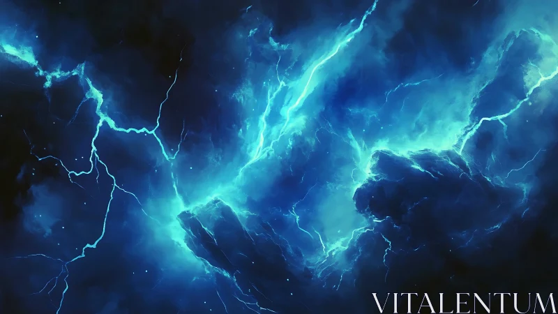 Electrified nebular storm with blue plasma arc channels.