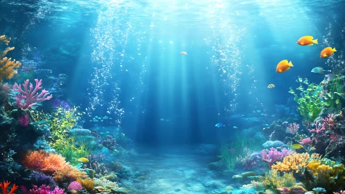 Sunlit coral reef scene renders volumetric underwater clarity