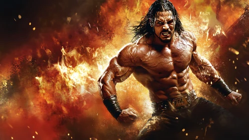 Molten-ring gladiator roaring through a wildfire stormscape.