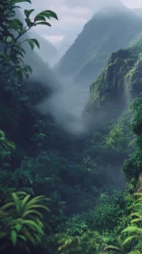 Lush misted valley landscape in cinematic digital painting style.