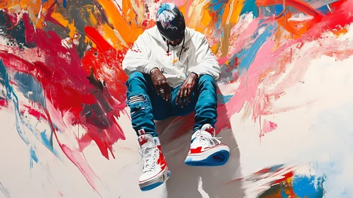 Digital street portrait in dynamic abstract color field composition.