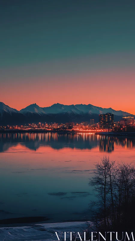 City skyline and mountains reflect on calm water at dusk