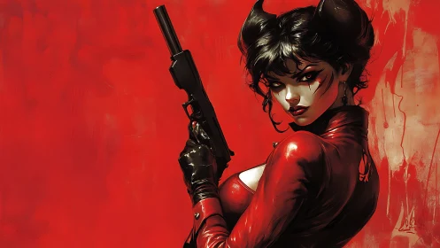 Crimson demon assassin in latex with silenced pistol poised.
