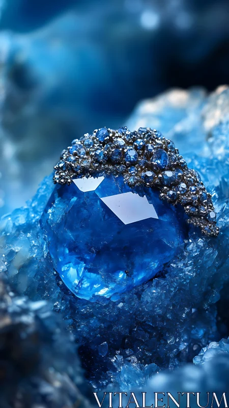 Radiant blue gemstone cradled in sparkling crystal nest.