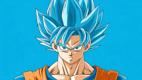 Blue haired anime warrior in orange and blue outfit.