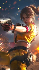 Armed heroine aims pistol amid blazing urban battlefield