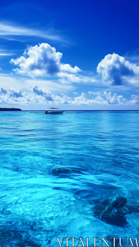 Motorboat on clear turquoise sea under cumulus cloud sky.