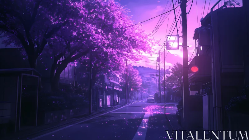 Purple twilight street under cherry blossom trees.