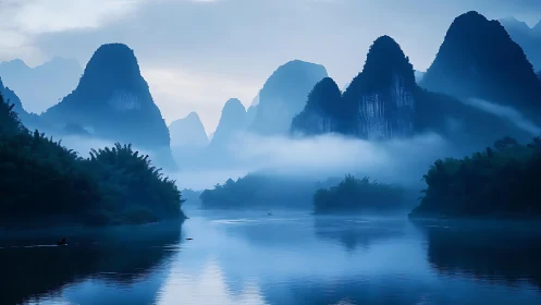 Misty karst mountains over calm blue river at dawn.
