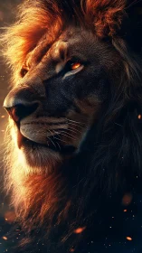 Lion profile rendered with fiery lighting and detail